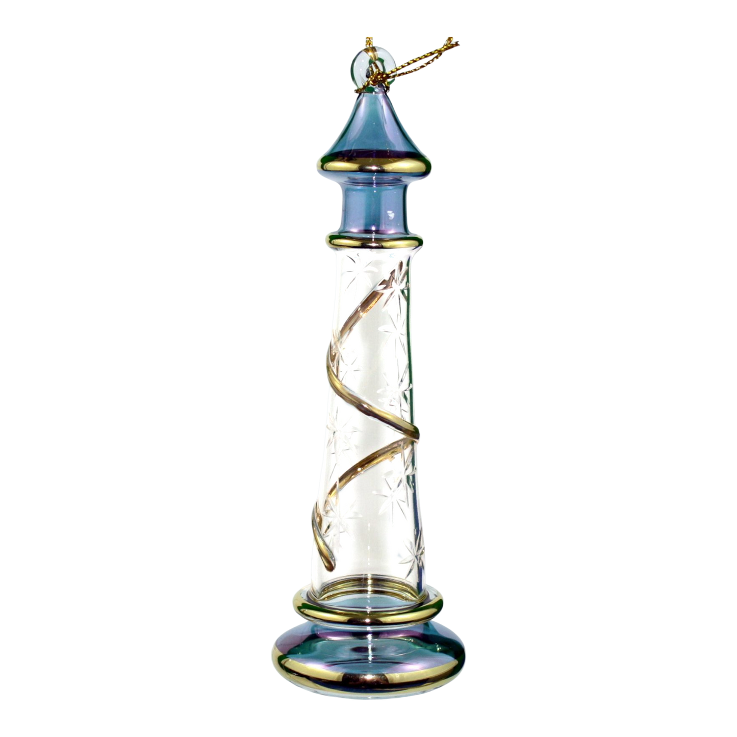 Glass Lighthouse Ornament With Gold Accent - Blue