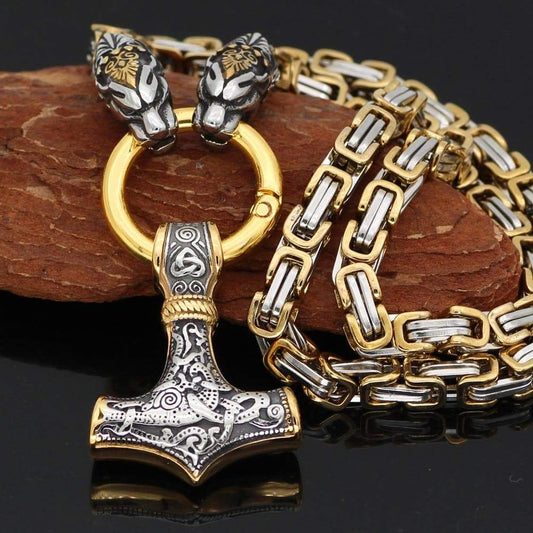 Vikings Snake Mjolnir Stainless Steel King Chain Necklace