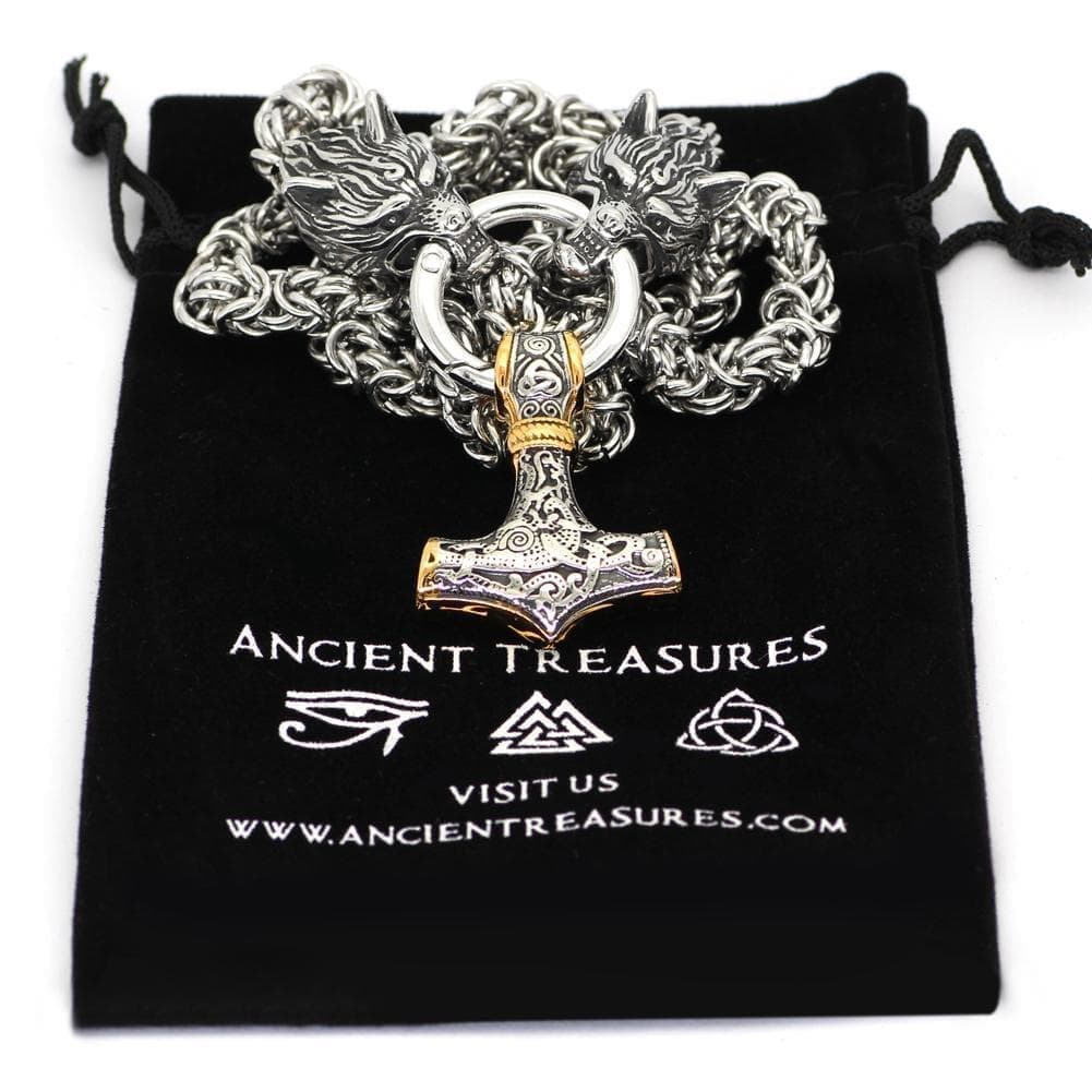 Vikings Wolf Head Mjolnir King Chain Stainless Steel Necklace