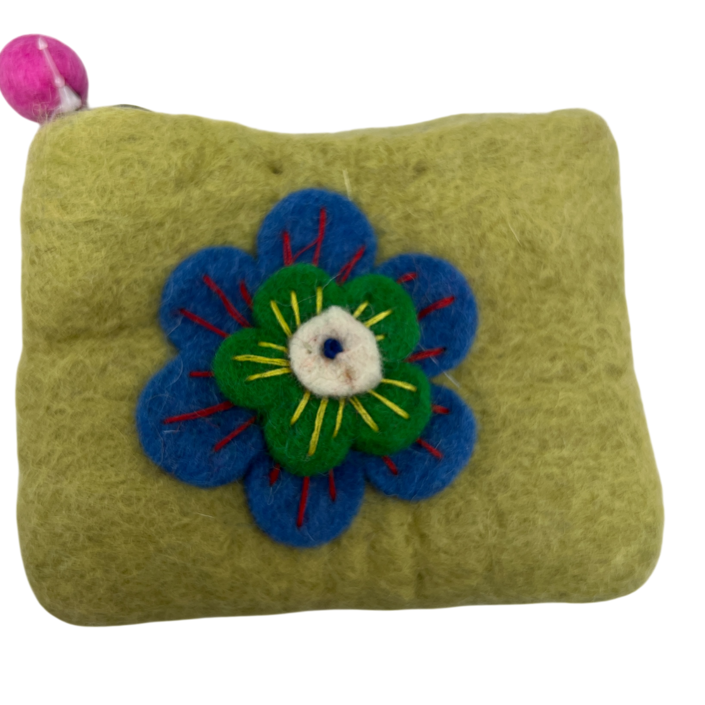 Felt Wool  Olive Green Coin Purse with Flower Applique