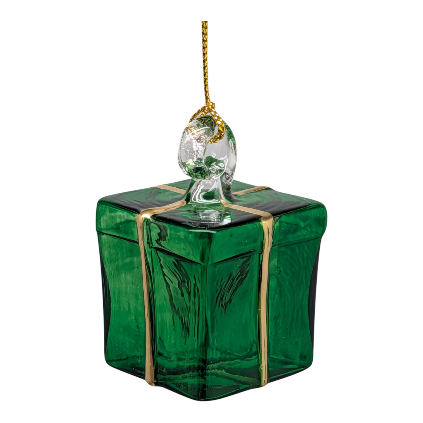 Blown Glass Present Ornament - Green