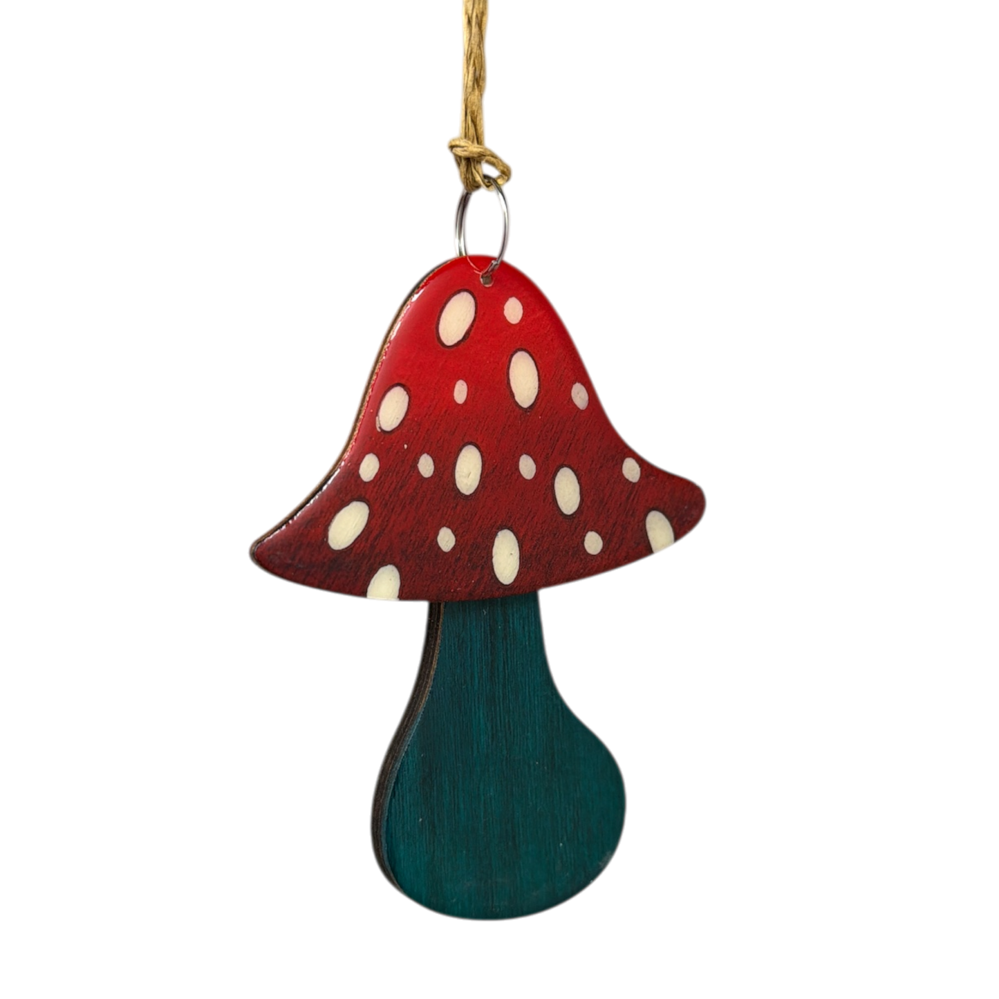 Glossy Red and Green Wooden Mushroom Ornament - 3 1/2 Inches