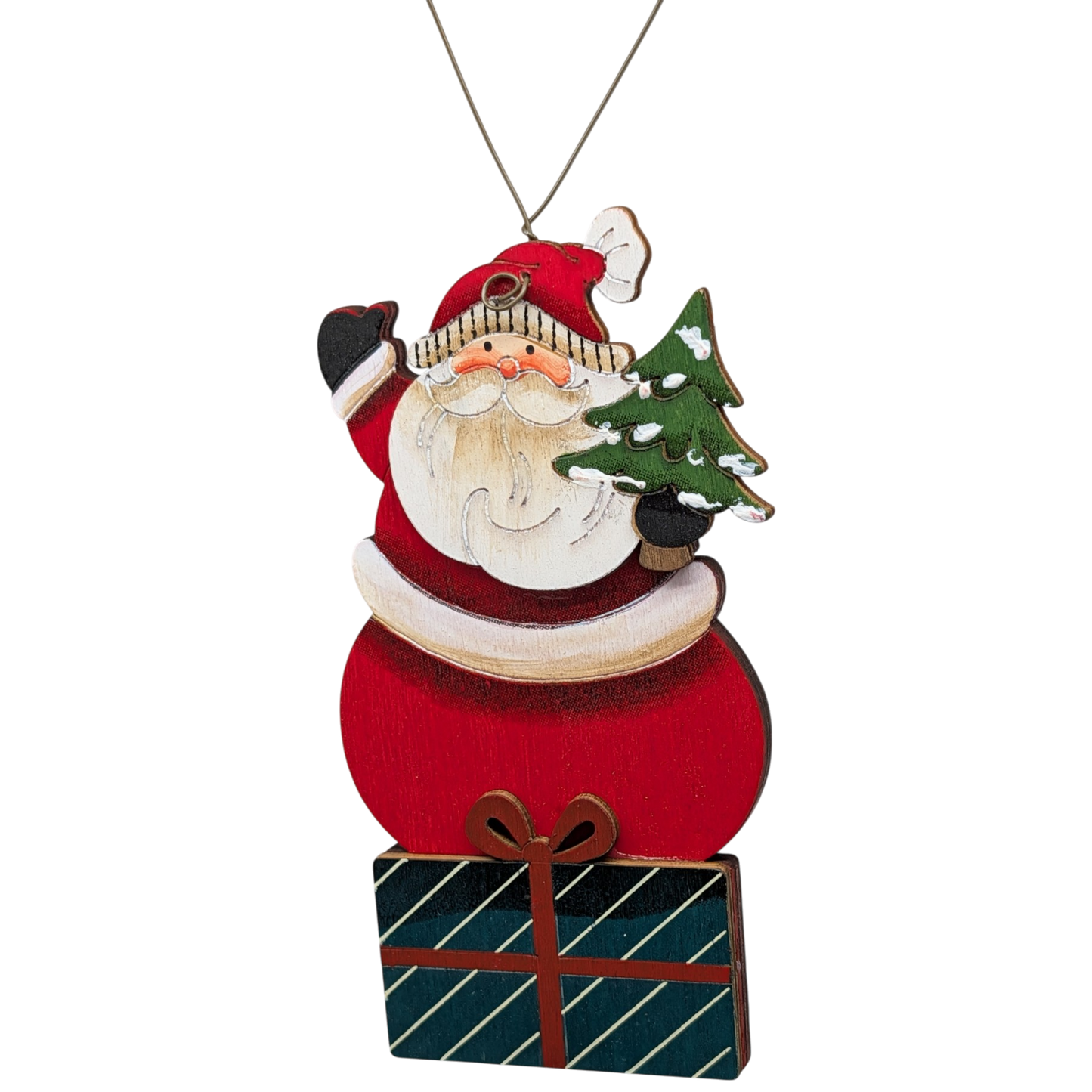 Father Christmas & His Evergreen Gift: Hand-Painted Plywood Ornament