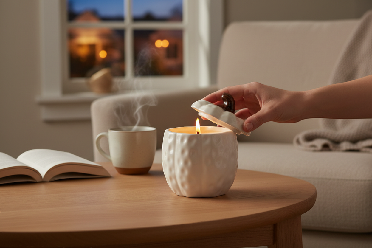 Covered Ceramic Pumpkin Jar Wax Candle - Cream