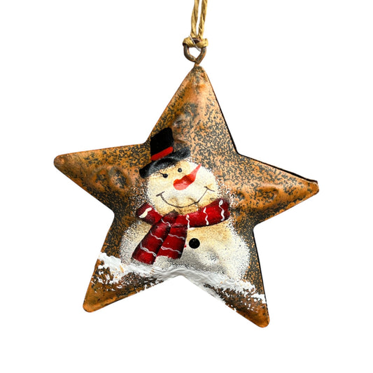 Rustic Snowman With Black Hat On Star Ornament