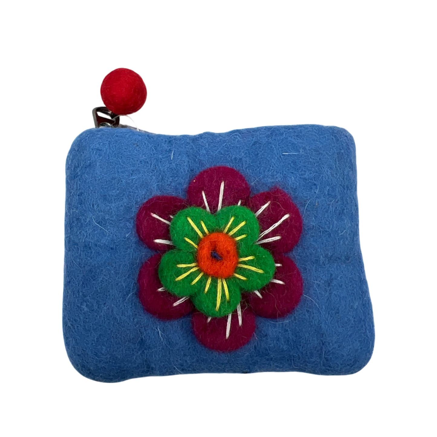Felt Wool  Bright Sky Blue Coin Purse with Flower Applique