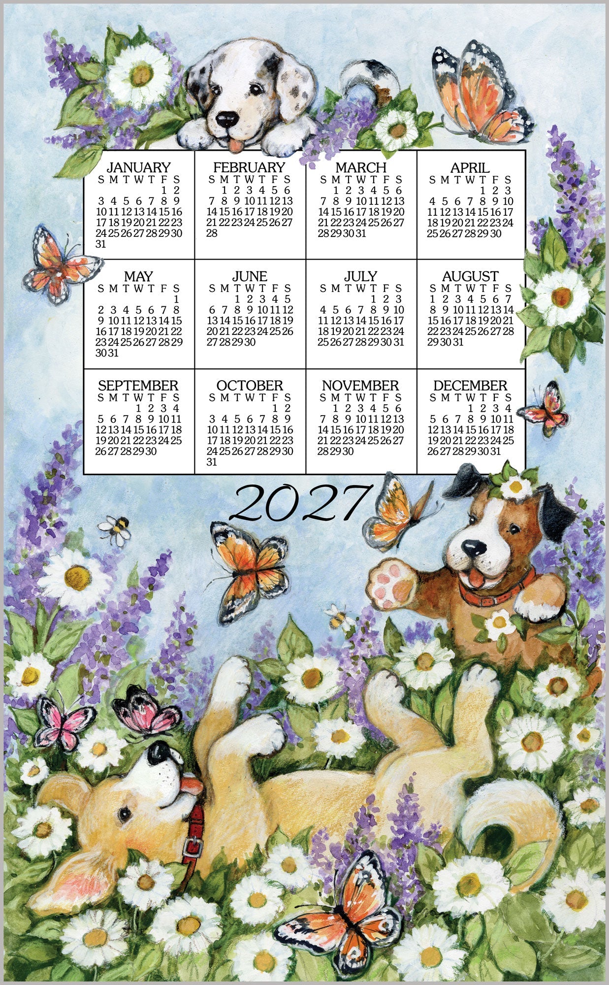 2027 Linen Calendar Towel - Playful Puppies