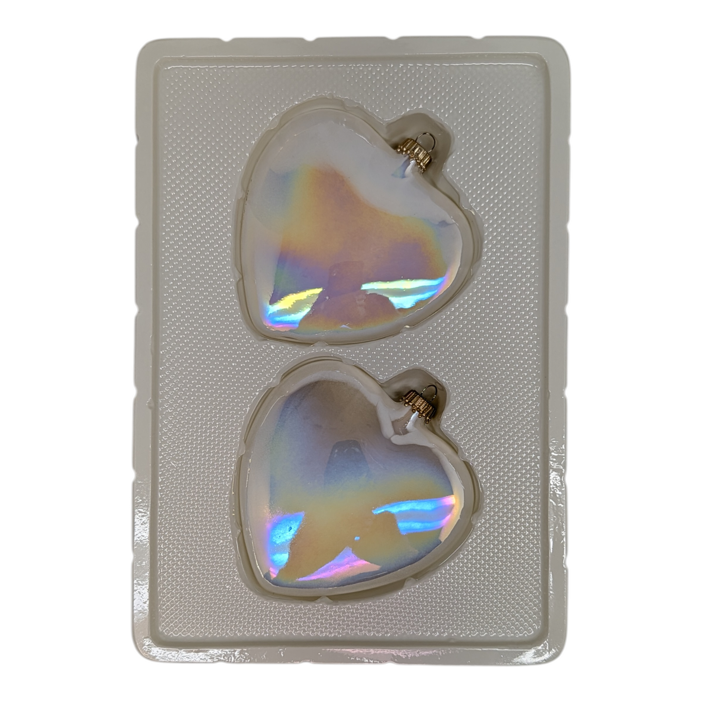 Iridized “Pearl White” Glass Heart Ornaments – Set of Two