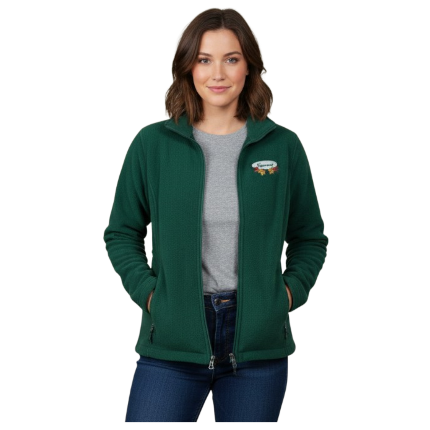 Women’s Full Zip Fleece Jacket – White Fall Leaves Oval Embroidery
