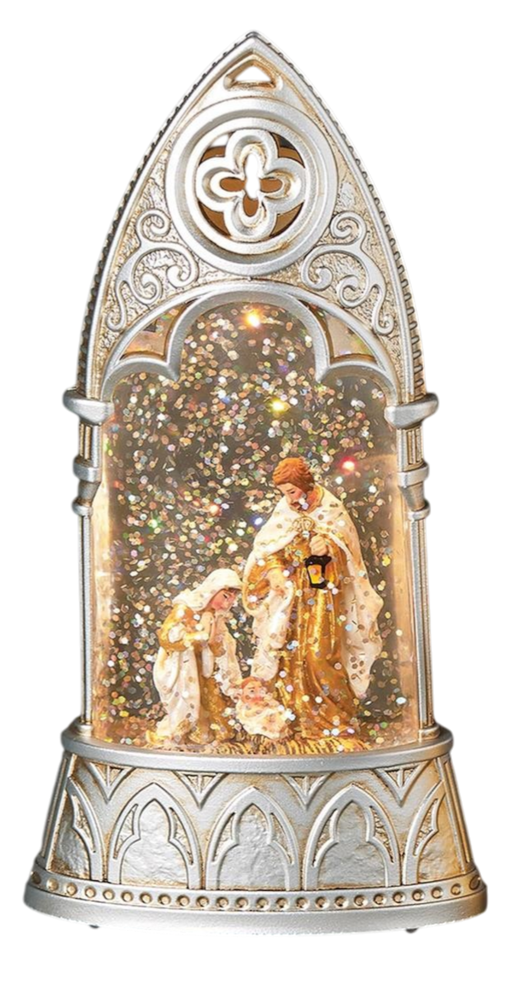 Lighted Holy Family Glitterdome Arch - Silver