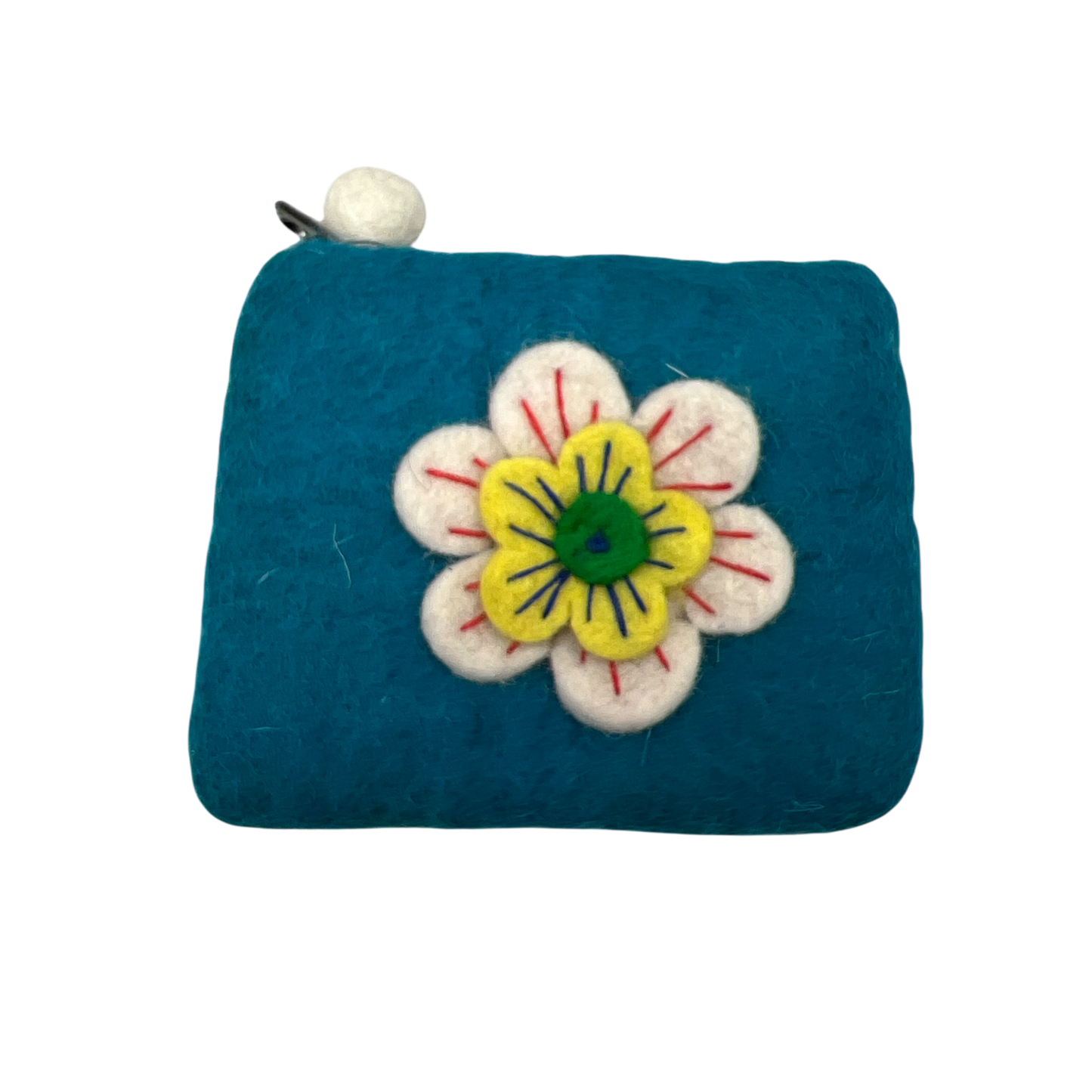 Felt Wool Coin Purse in Teal with Flower Applique