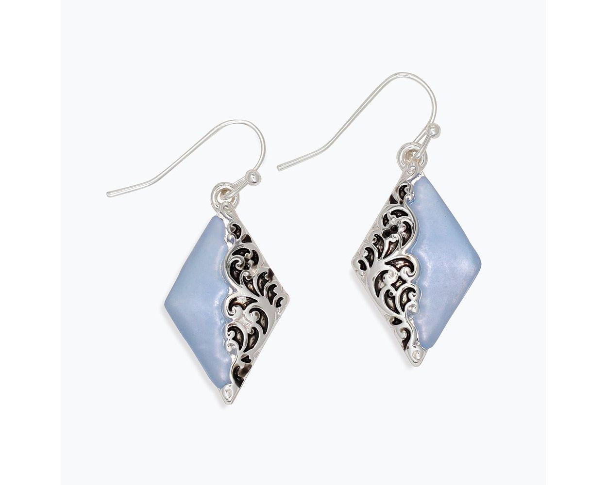 Silver Filigree Earrings with Soft Blue Inlay