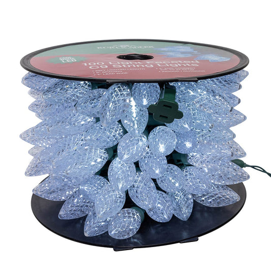 100-Light Cool White LED Faceted C9 Green Wire String Lights