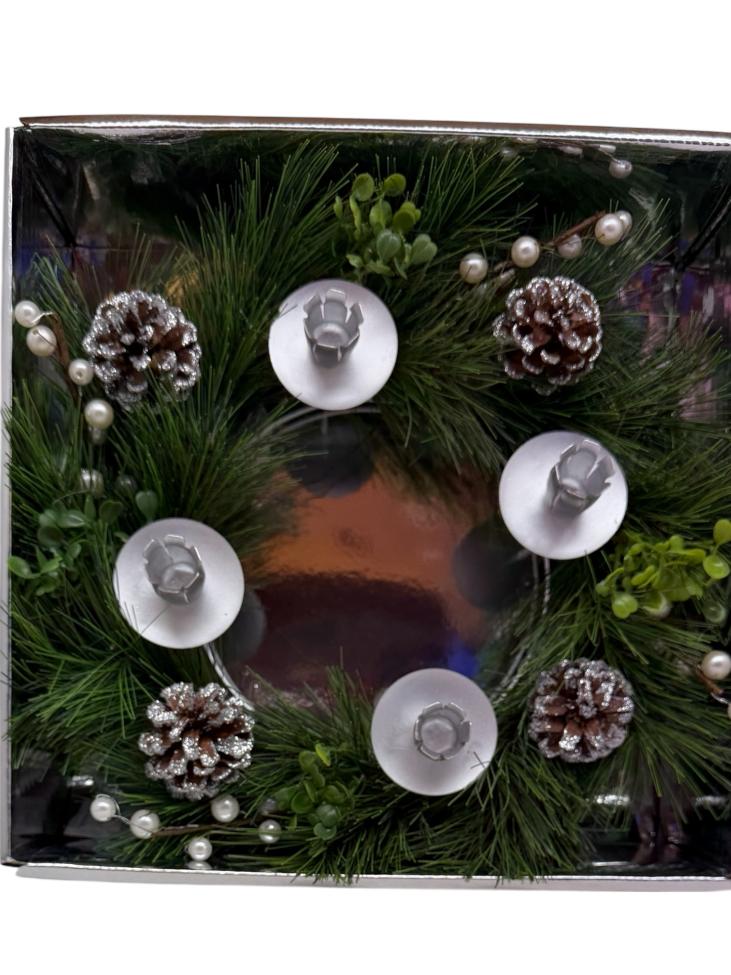 14 Inch Silver Advent Wreath With Pine