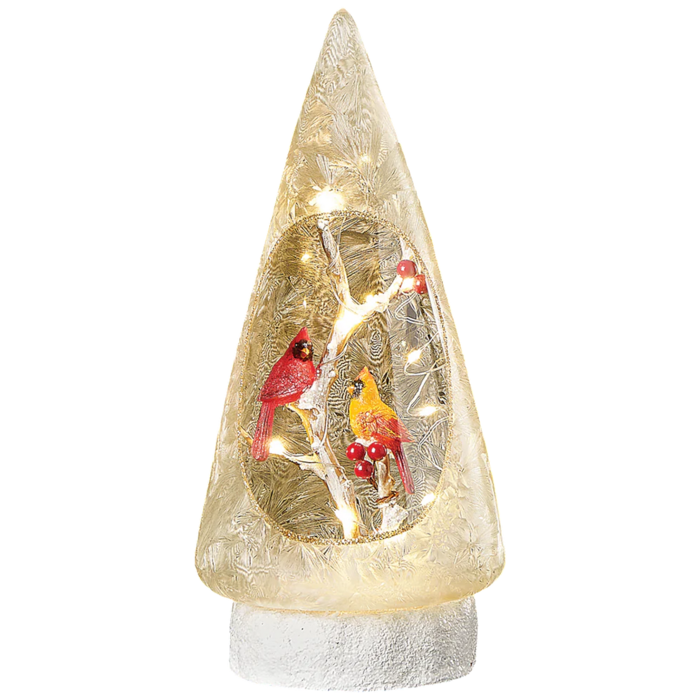 Lighted Glass Cardinal Holly Tree - 10 Inches tall