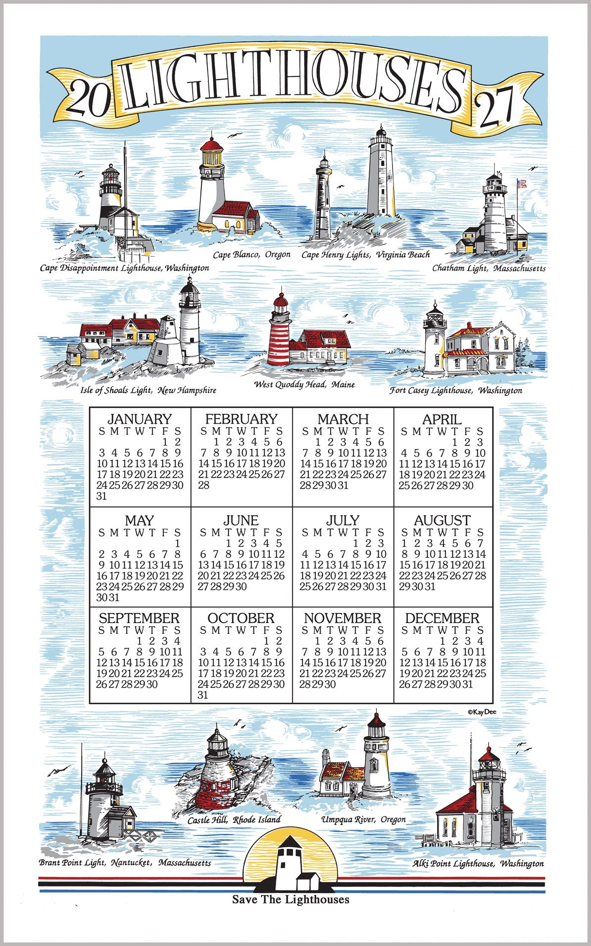2027 Linen Calendar Towel - Lighthouses